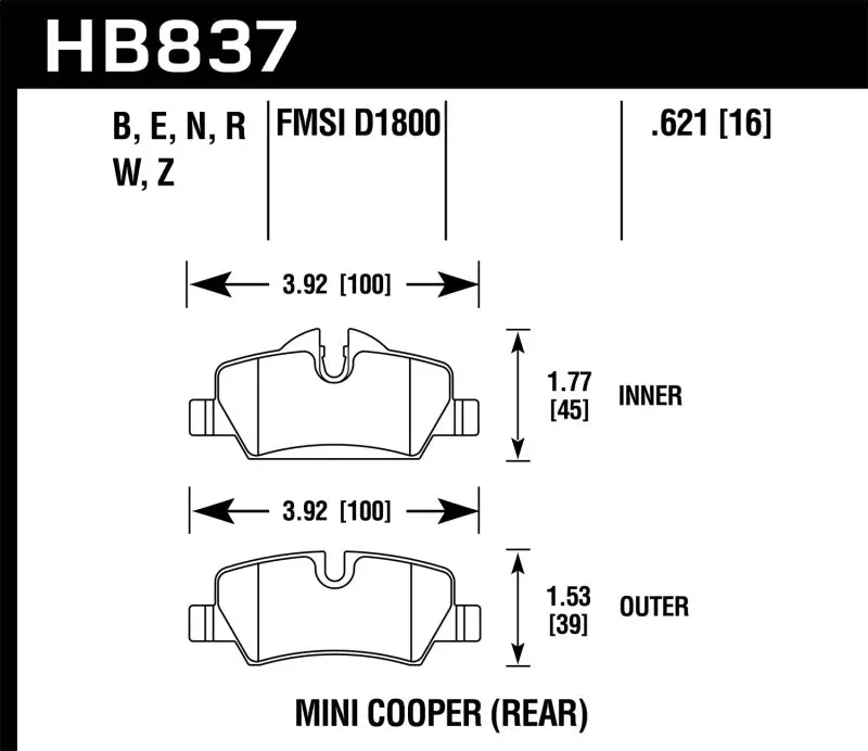 Hawk 14-17 Mini Cooper Hps 5.0 Rear Brake Pads 1