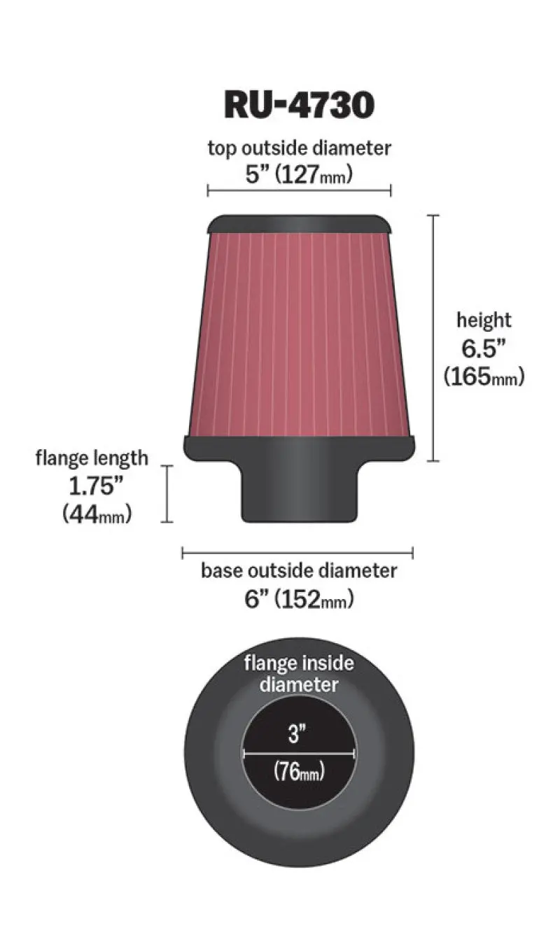 K&N Filter 3 Inch Flange 6 Inch Base 5 Top 6 1/2 Inch Height 1